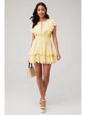 LoveShackFancy Darryl Lace Trim Pale Yellow Flutter Sleeve Ruffle Mini Dress